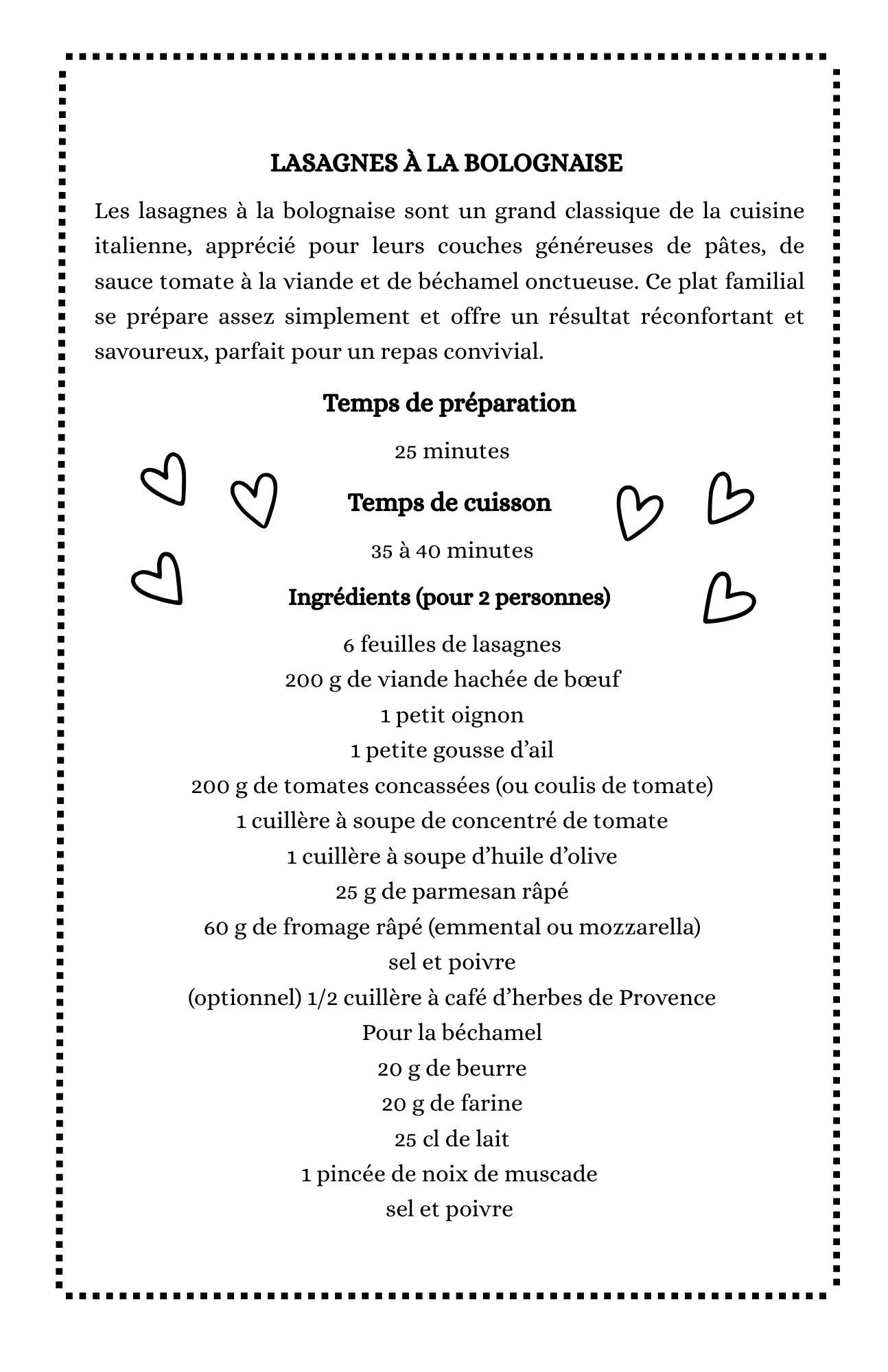 Recette de lasagne manuscrite